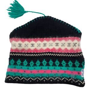 Vintage Wool Handknit Ski Nordic Fair Isle Hat Beanie Torque Snow Winter